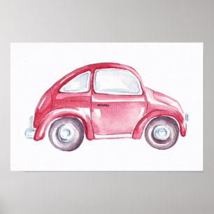 Rotes Aquarell-Vintage-Retro-Buggy-Auto Poster