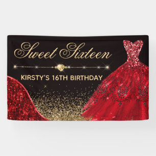 Rotes Aquarellkleid & rote Wellenkante Sweet 16 Banner