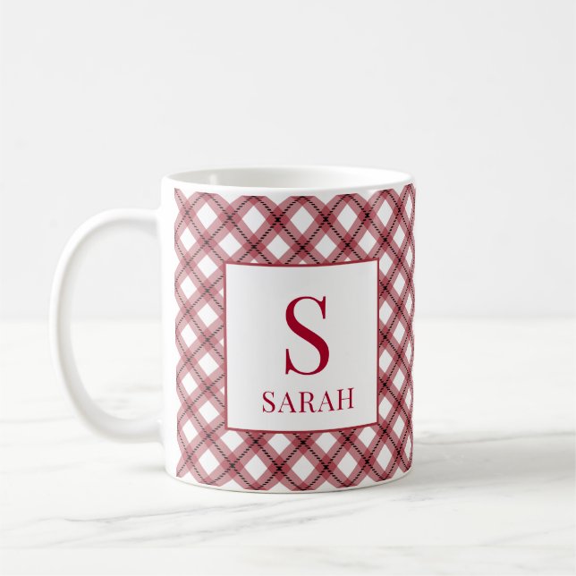 Rotes Argyle-Karomuster Monogramm Name Kaffeetasse (Links)