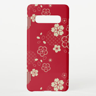Rotes asiatisches Muster mit Frühlingsblumen Samsung Galaxy S10+ Hülle