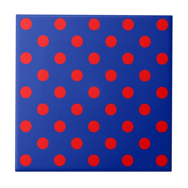 Rotes auf blauem Polka-Punkte-Musterdesign  Fliese (Vorderseite)