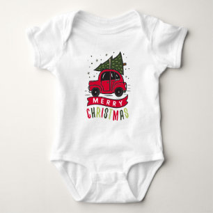 Rotes Auto Fröhlicher Weihnachtsbaum Bunt Lustig  Baby Strampler