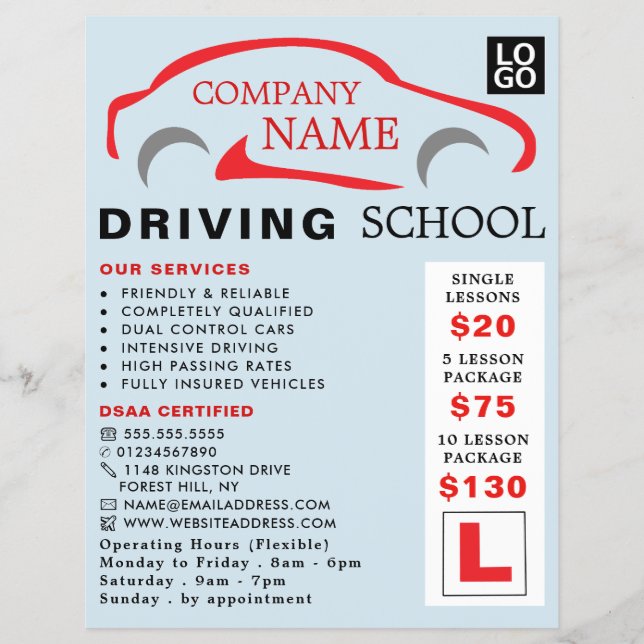 Rotes Auto-Logo, Fahrschule, Lehrerwerbung Flyer (Vorne)