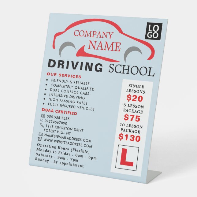 Rotes Auto-Logo, Fahrschule, Lehrerwerbung Sockelschild (Vorderseite)