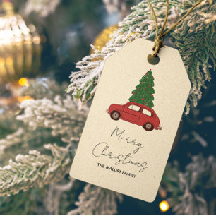 Rotes Auto mit Weihnachtsbaum   Minimalistischer V Geschenkanhänger