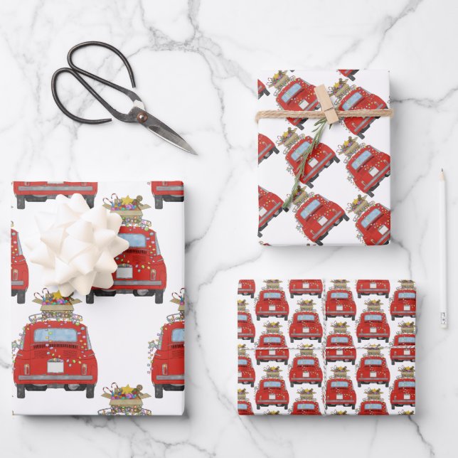 Rotes Auto mit Weihnachtsgeschenken Umschlagpapier Geschenkpapier Set (Vorderseite)