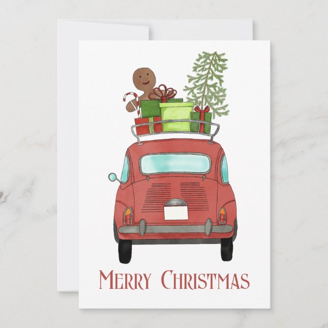 Rotes Auto mit Weihnachtsgeschenken Weihnachtskart Feiertagskarte (Vorderseite)