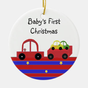 Rotes Auto und Wagen Baby's erstes Weihnachten Keramik Ornament