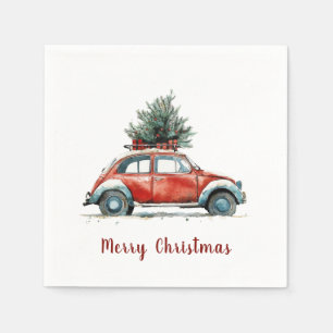 Rotes Auto Weihnachtsbaum Geschenke Vintage Urlaub Serviette