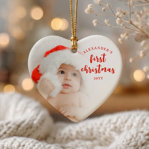 Rotes Baby-Erstweihnachts-Foto-Herz Keramik Ornament