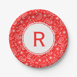 Rotes Bandana-Muster u. Monogramm Pappteller