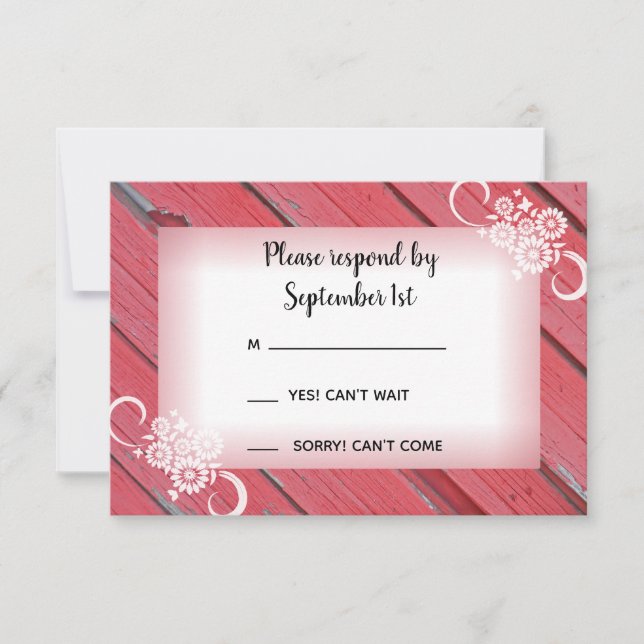 Rotes Barnholz und Blume Land Hochzeit UAWG RSVP Karte (Vorderseite)