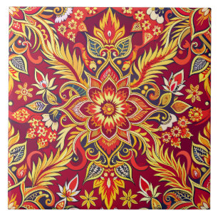 Rotes Batik-Muster Blumendruck Traditionell Ethnis Fliese