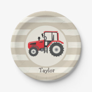 Rotes Bauernhof-Traktor auf braunen Streifen Pappteller