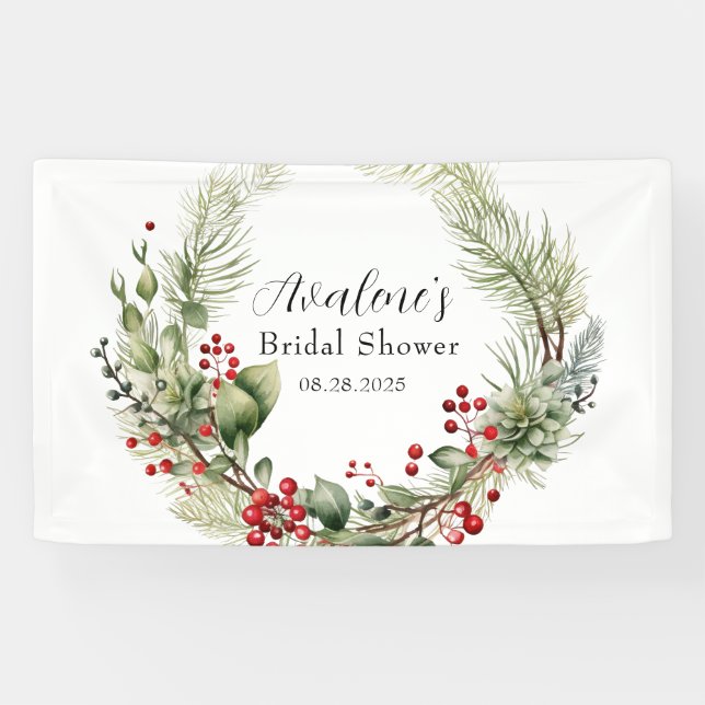 Rotes Berries Pine Wreath-Brautparty Banner (Horizontal)