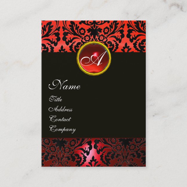 ROTES BLACK-DAMASK-BLUMENMONOGRAMM , Ruby Gemstone Visitenkarte (Vorderseite)