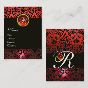 ROTES BLACK-DAMASK-FLORAL-MONOGRAM, Ruby Gemstone Visitenkarte