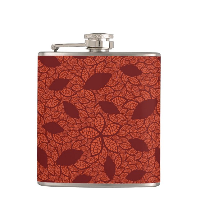 rotes Blätter Muster auf Orange Flachmann (Vorderseite)