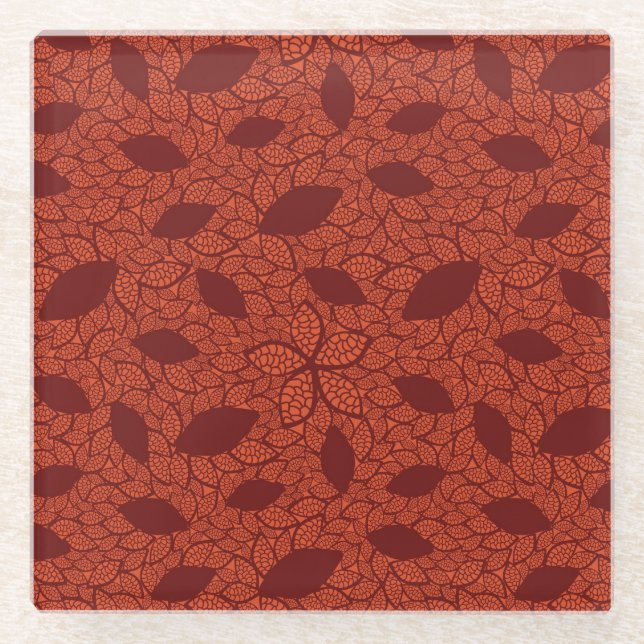 rotes Blätter-Muster auf Orange Glasuntersetzer (Vorderseite)