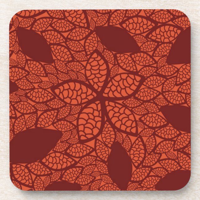 Rotes Blätter-Muster auf Orange Untersetzer (Vorderseite)