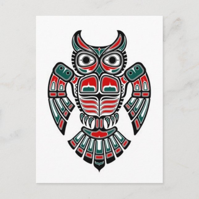 Rotes Blau und Schwarzes Haida Spirit Owl Postkarte (Vorderseite)