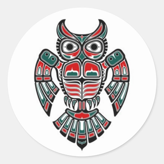 Rotes Blau und Schwarzes Haida Spirit Owl Runder Aufkleber (Vorderseite)
