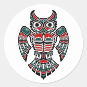 Rotes Blau und Schwarzes Haida Spirit Owl Runder Aufkleber