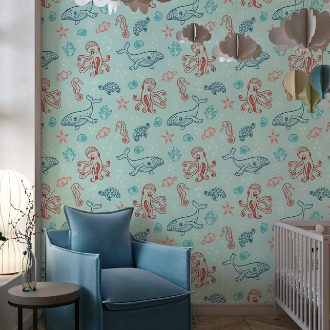 Rotes Blau Untermeer-Muster-Kinderzimmer Tapete (Von Creator hochgeladen)