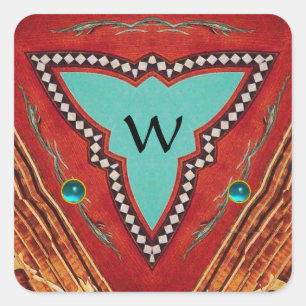 ROTES BLAUES ABSTRAKT GEOMETRISCHES DREIGEMONOGRAM QUADRATISCHER AUFKLEBER