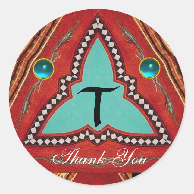 ROTES BLAUES ABSTRAKT GEOMETRISCHES DREIGEMONOGRAM RUNDER AUFKLEBER (Vorderseite)