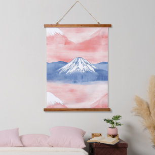 Rotes Blaues Bergsonnenuntergang Aquarellmalerei Wandteppich Mit Holzrahmen