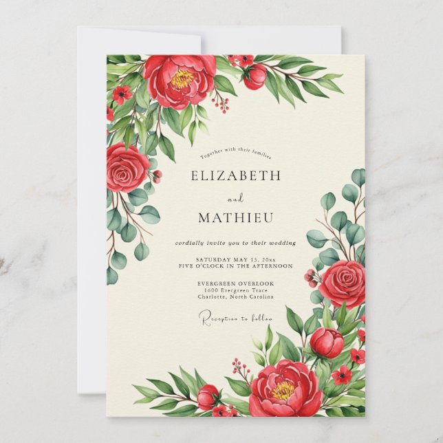 Rotes Blühen Hochzeit im Frühling Einladung (Vorderseite)