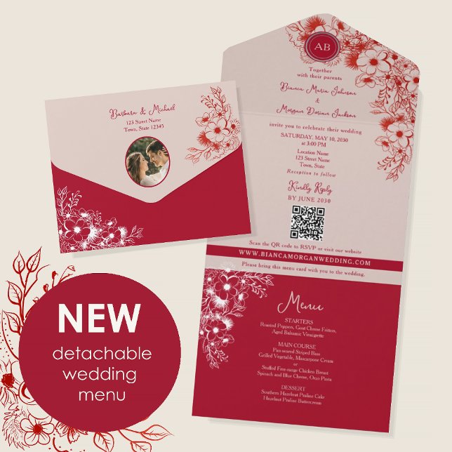 Rotes Blumen Hochzeitsfoto All In One Einladung (Von Creator hochgeladen)