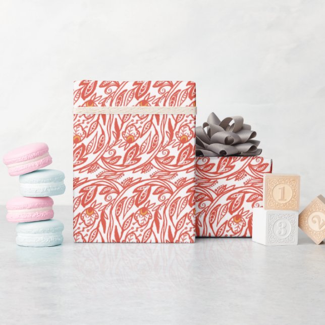 Rotes Blumen-Toile  Geschenkpapier (Babyparty)