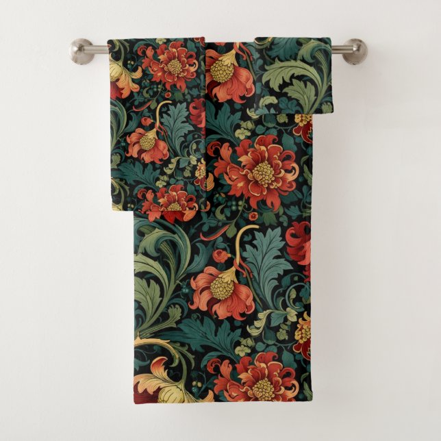 Rotes Blumen-William-Morris-Druckmuster Badhandtuch Set (Insitu)