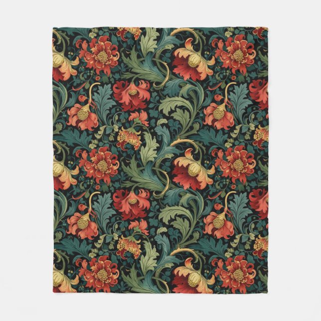 Rotes Blumen-William-Morris-Druckmuster Fleecedecke (Vorderseite)