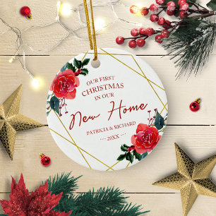 Rotes Blumendesign Unser erstes Weihnachten in uns Keramik Ornament