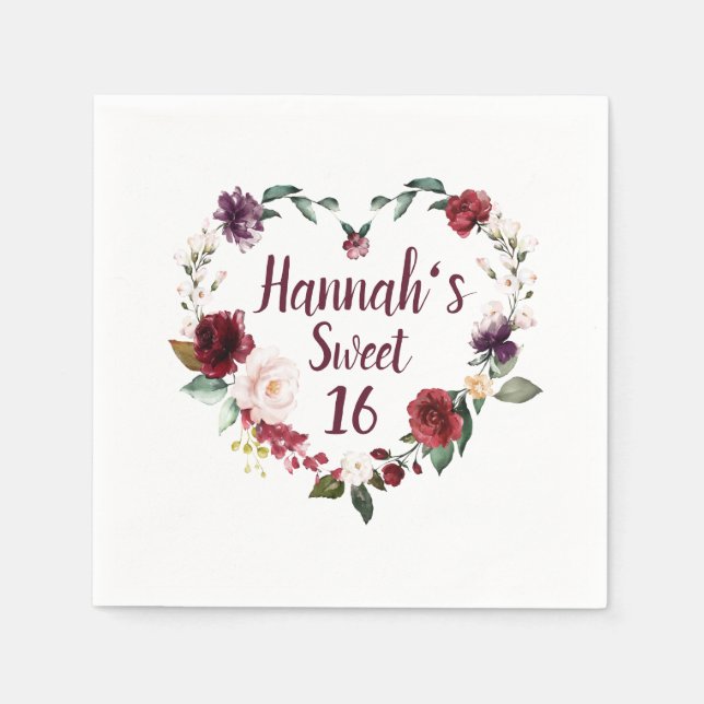 Rotes Blumenherz Sweet 16 Party Serviette (Vorderseite)