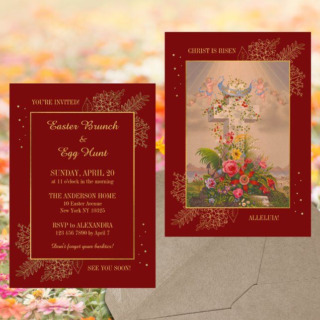 Rotes Blumenkreuz Christlich Ostern Brunch Eierjag Einladung (Red Floral Cross Religious Christian Catholic Jesus Resurrection Easter Brunch Egg Hunt Invitation)