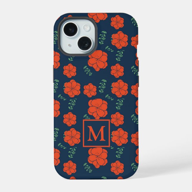 Rotes Blumenmuster Dunkles Blaues Monogramm iPhone 15 Hülle (Rückseite)