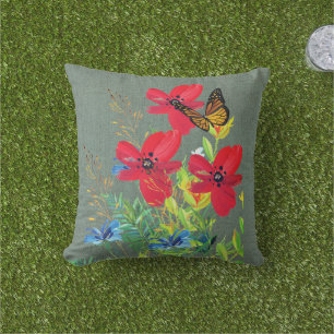 Rotes Blumenmuster Graue Jute  Kissen