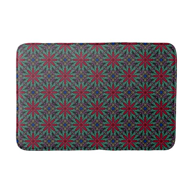 Rotes Blumenmuster mit Grün und Blau Badematte (Vorderseite)