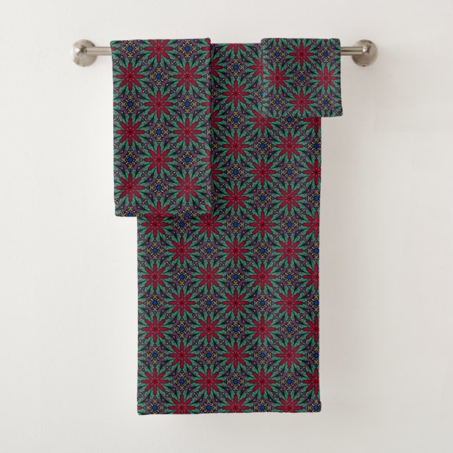 Rotes Blumenmuster mit Grün und Blau Badhandtuch Set (Insitu)