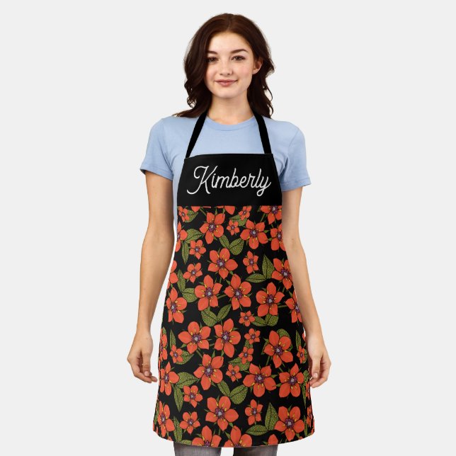 Rotes Blumenmuster mit individuellem Namen Schürze (Getragen)