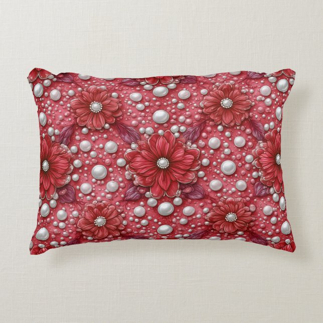 Rotes Blumenmuster mit Perlenakzenten Dekokissen (Vorderseite)