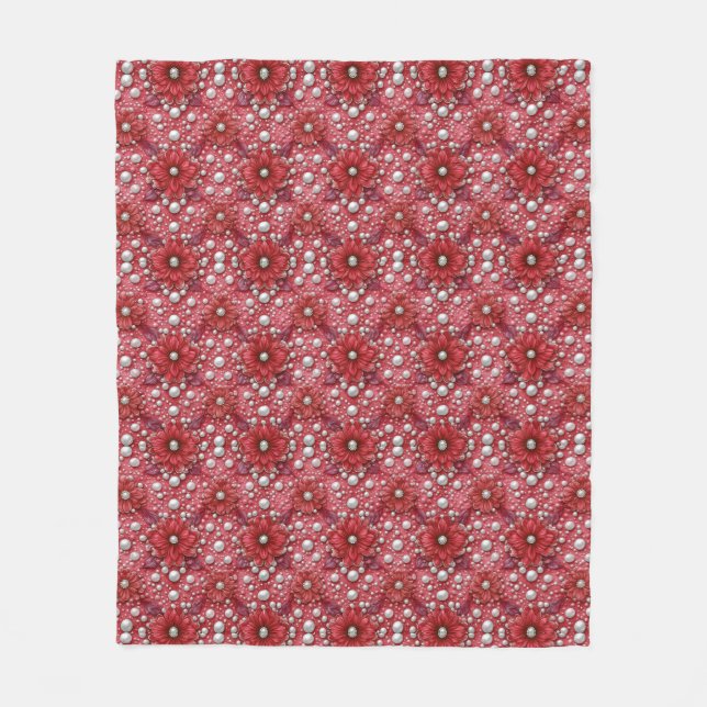 Rotes Blumenmuster mit Perlenakzenten Fleecedecke (Vorderseite)