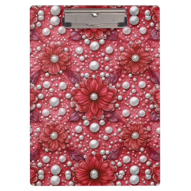 Rotes Blumenmuster mit Perlenakzenten Klemmbrett (Vorderseite)
