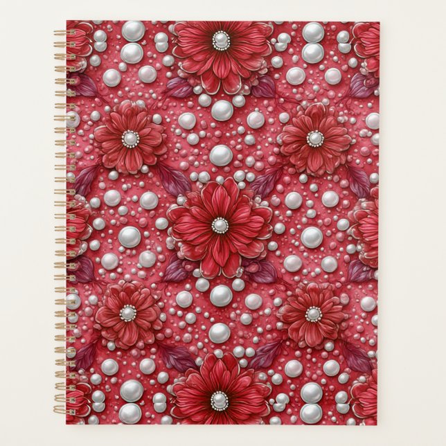 Rotes Blumenmuster romantischer Blumenkalender Planer (Vorderseite)