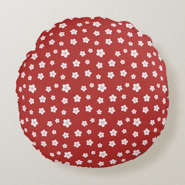 Rotes Blumenmuster Rundes Kissen (Vorderseite)