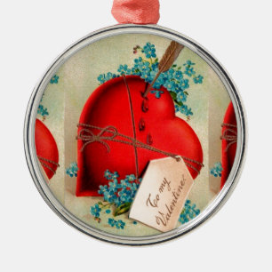 Rotes blutendes Herz Valentinstag Antike Postkarte Silbernes Ornament
